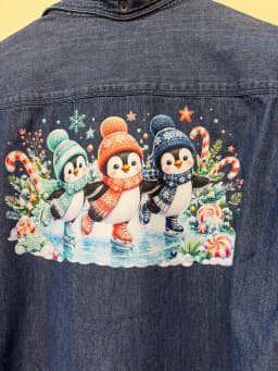Upcycled Christmas Denim Shirt - Cute Ice Skating Penguins Graphic Size M photo 2