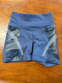 Athleta x Allyson Felix Legend Bike Shorts Blue Gray Reflective Striped Women's XS photo 2