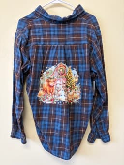 Upcycled "Sleigh Bells & Barn Smells" Festive Farm Plaid Flannel Shirt photo 2