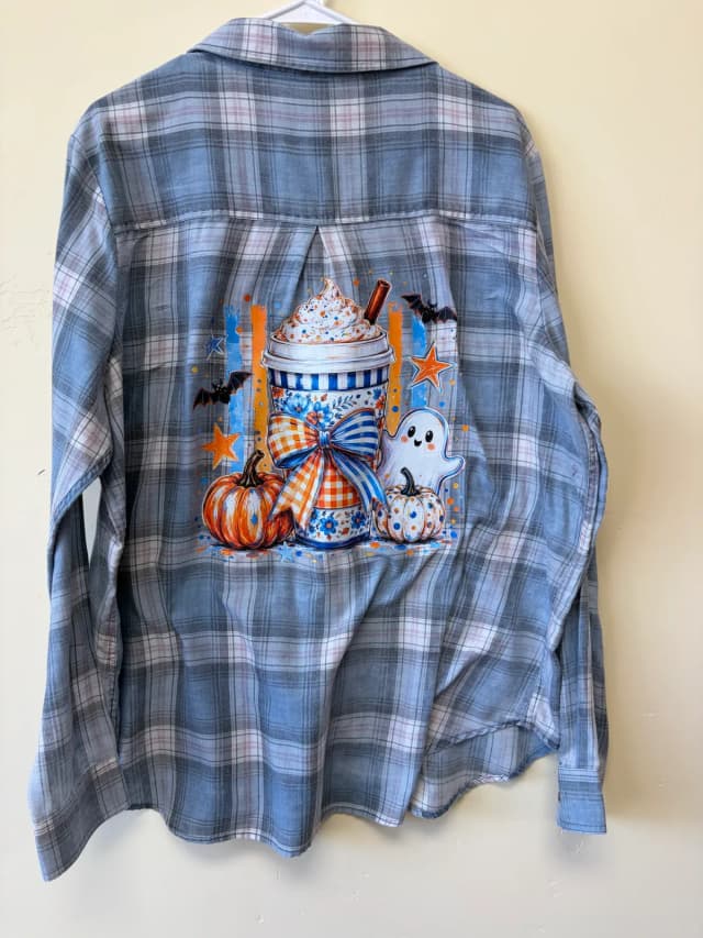 Upcycled Thread & Grit Halloween Pumpkin Coffee Plaid Flannel Shirt – Size 2XL