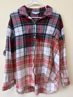 Upcycled Bleach Dipped Plaid Flannel Shirt Holiday Cartoon Bear Graphic Size XL photo 3