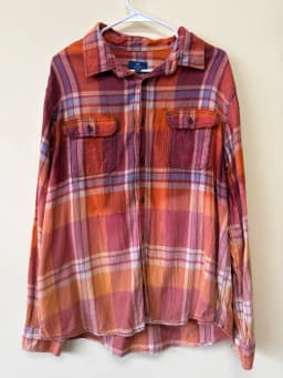Women’s XL Upcycled Fall Plaid Flannel – Embroidered Ducks & Bleach-Dipped Hem photo 3