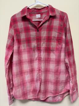 Upcycled J. Crew Pink Buffalo Plaid Flannel Shirt Bleach Dye Ombre Size M photo 2