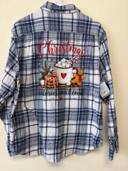 Upcycled "Christmas Calories Don't Count" Plaid Flannel Shirt – Size Large photo 2