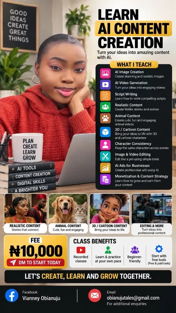 At Vee's Creatives, I teach you how to create AI videos for storytelling, ads, motivational & comedy videos from scratch. The lessons are pre-recorded, you practice at your pace.