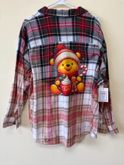 Upcycled Bleach Dipped Plaid Flannel Shirt Holiday Cartoon Bear Graphic Size XL photo 2