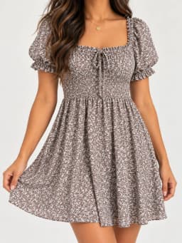 Aeropostale Floral Smocked Bodice Babydoll Dress Taupe Brown Puff Sleeve Women’s XL photo 1
