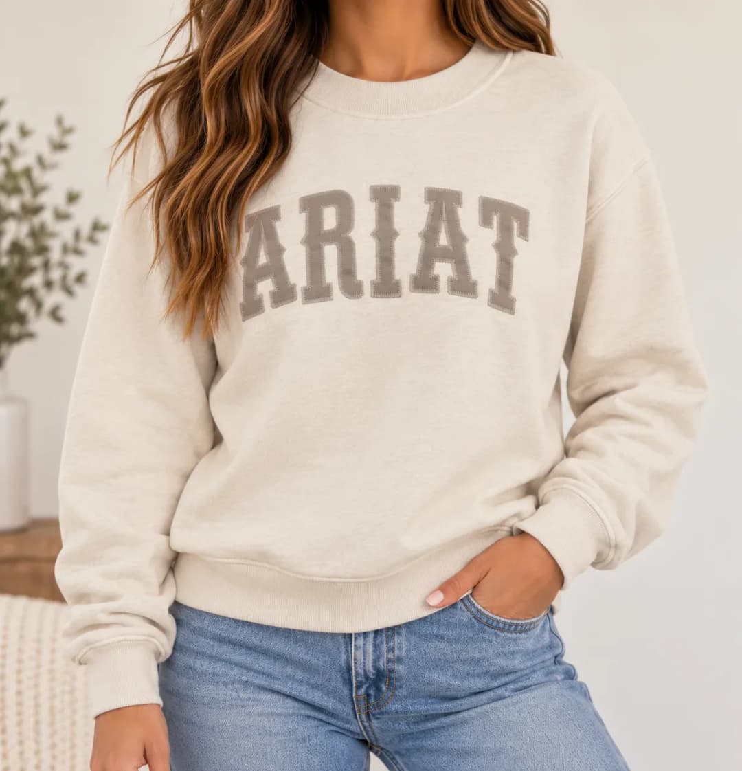 Ariat Real Collegiate Logo Crewneck Sweatshirt Oatmeal Beige Fleece Women's Large
