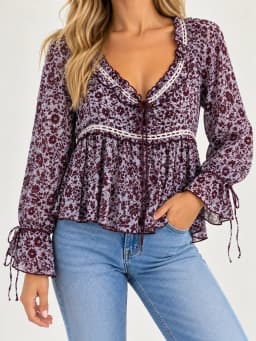 American Eagle Floral Corset Style Blouse Bell Sleeve Peplum Top Women’s Size XL photo 1