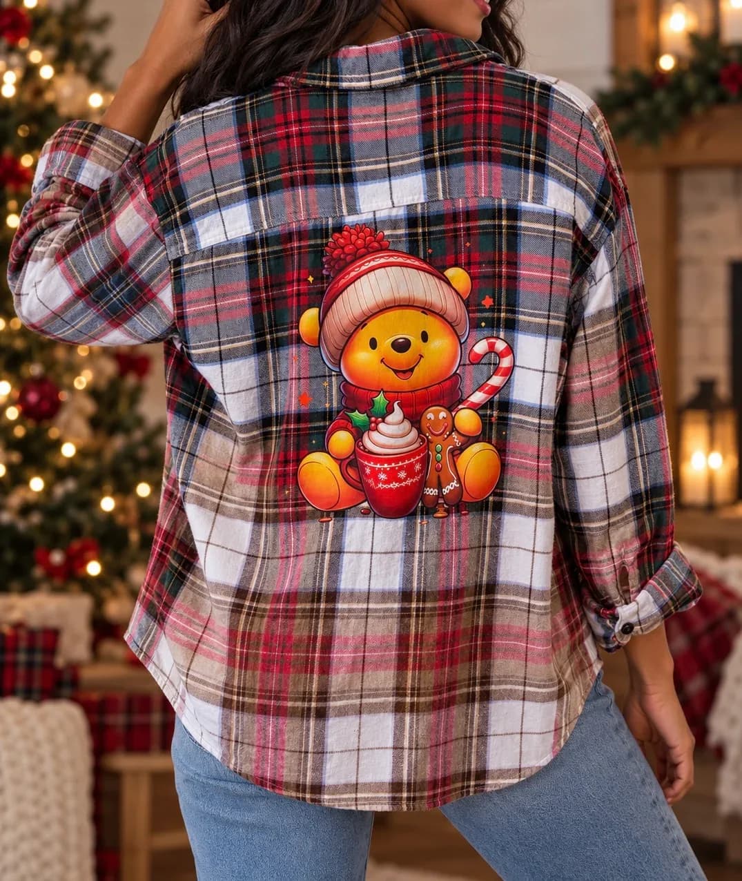 Upcycled Bleach Dipped Plaid Flannel Shirt Holiday Cartoon Bear Graphic Size XL