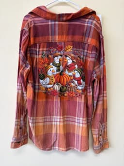 Women’s XL Upcycled Fall Plaid Flannel – Embroidered Ducks & Bleach-Dipped Hem photo 2