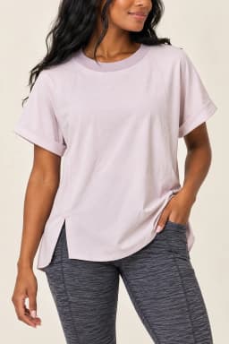 Athleta Seasoft Tee Light Pink Size Small S Cuffed Short Sleeve Rib Neck Top photo 1
