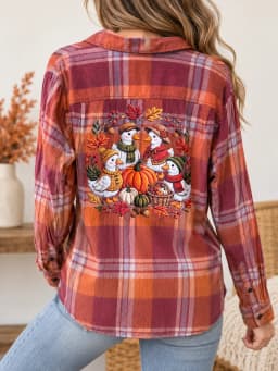 Women’s XL Upcycled Fall Plaid Flannel – Embroidered Ducks & Bleach-Dipped Hem photo 1