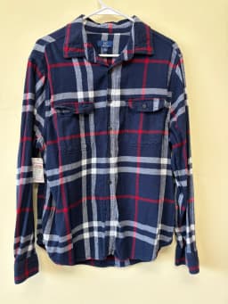 Upcycled Navy Blue Plaid Flannel Shirt Holiday Gingerbread Girl Graphic Women's XL photo 3