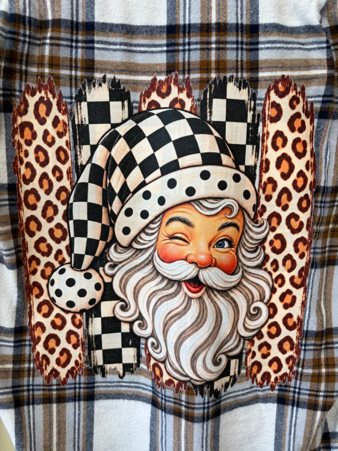 Upcycled Retro Winking Santa Plaid Flannel Shirt – Women's Size Small