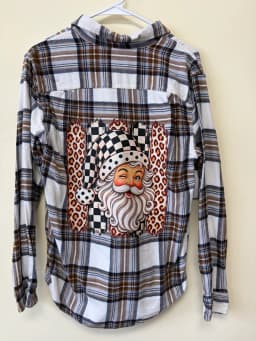 Upcycled Retro Winking Santa Plaid Flannel Shirt – Women's Size Small photo 2