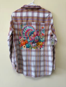 Upcycled Vibrant Floral Turkey Thanksgiving Plaid Flannel Shirt – Women's Size Large photo 2