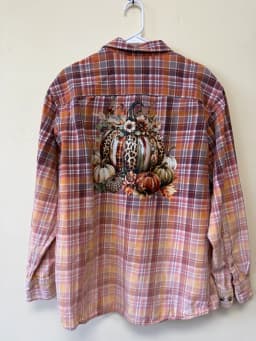 Upcycled Bleach Dipped Plaid Flannel Shirt Fall Leopard Pumpkin Graphic Women's XL photo 2