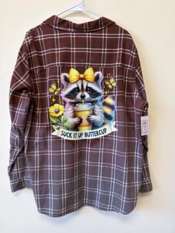 Upcycled Jack's Boyfriend "Suck It Up Buttercup" Raccoon Plaid Flannel Shirt – Size XL photo 2