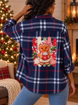 Upcycled Navy Blue Plaid Flannel Shirt Holiday Gingerbread Girl Graphic Women's XL photo 1