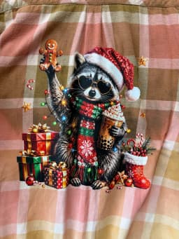 Upcycled Bleach Dipped Plaid Flannel Shirt Christmas Raccoon Graphic Size Large photo 2
