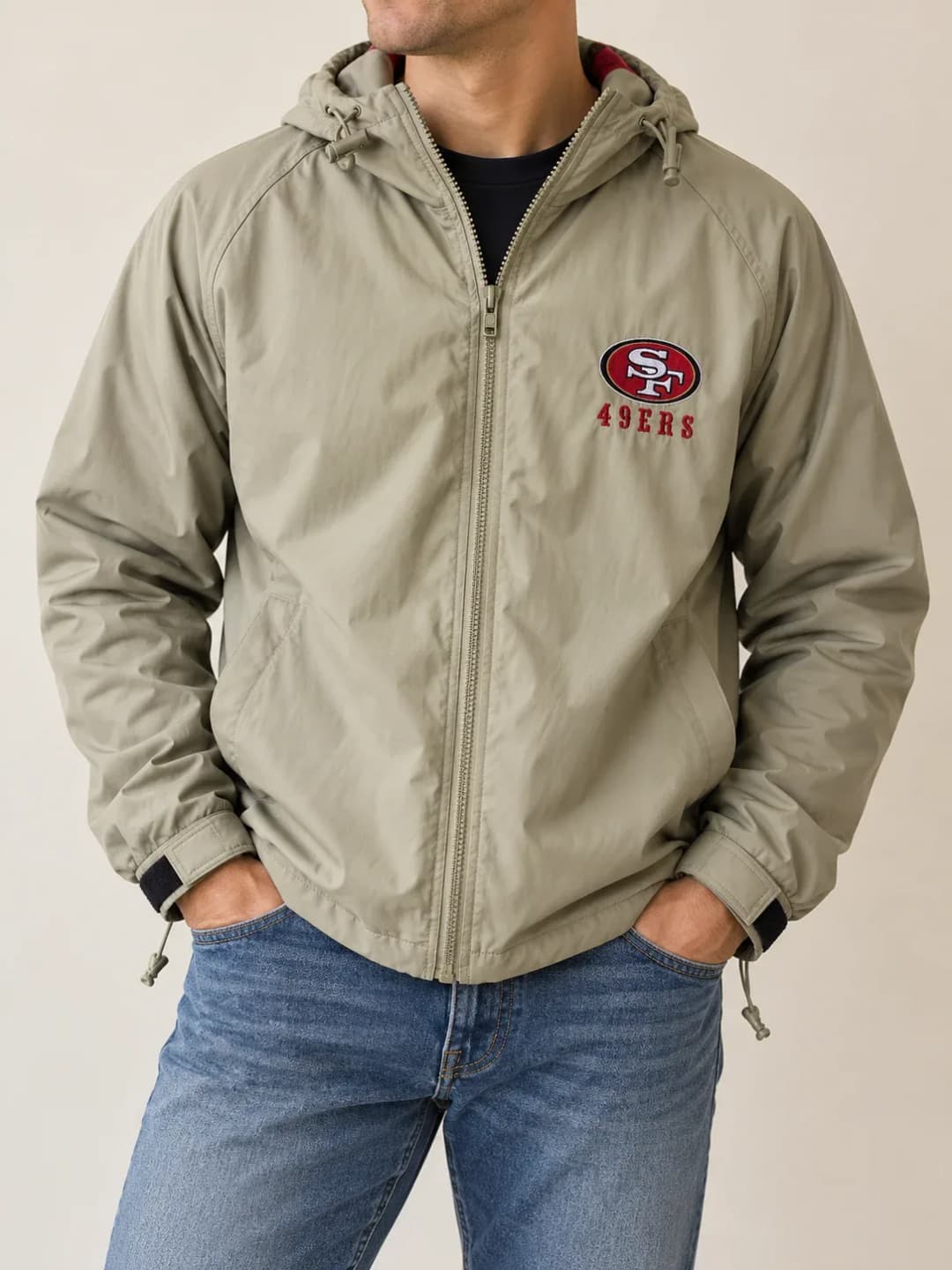 Vintage 90s Pro Player San Francisco 49ers Hooded Jacket Khaki Beige Men's XL