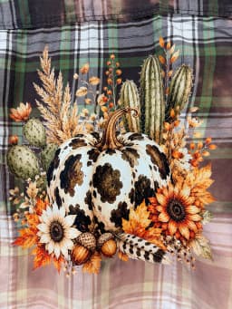 Upcycled Bleached Flannel Shirt with Cow Print Pumpkin Graphic – Distressed Fall Plaid Top photo 1