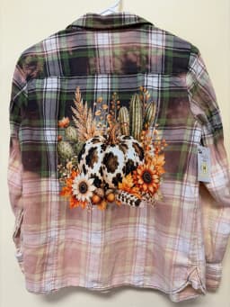 Upcycled Bleached Flannel Shirt with Cow Print Pumpkin Graphic – Distressed Fall Plaid Top photo 3