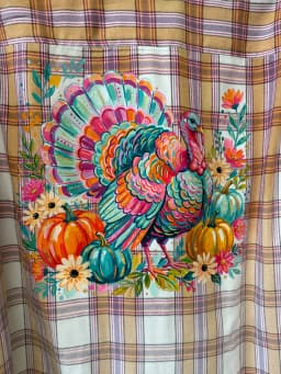 Upcycled Vibrant Floral Turkey Thanksgiving Plaid Flannel Shirt – Women's Size Large photo 1
