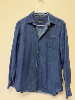 Upcycled Christmas Denim Shirt - Cute Ice Skating Penguins Graphic Size M photo 3