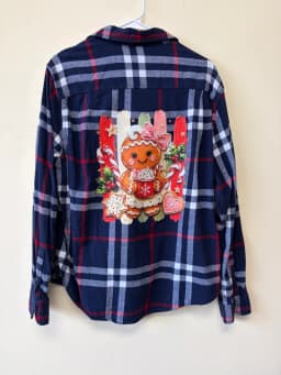 Upcycled Navy Blue Plaid Flannel Shirt Holiday Gingerbread Girl Graphic Women's XL photo 2