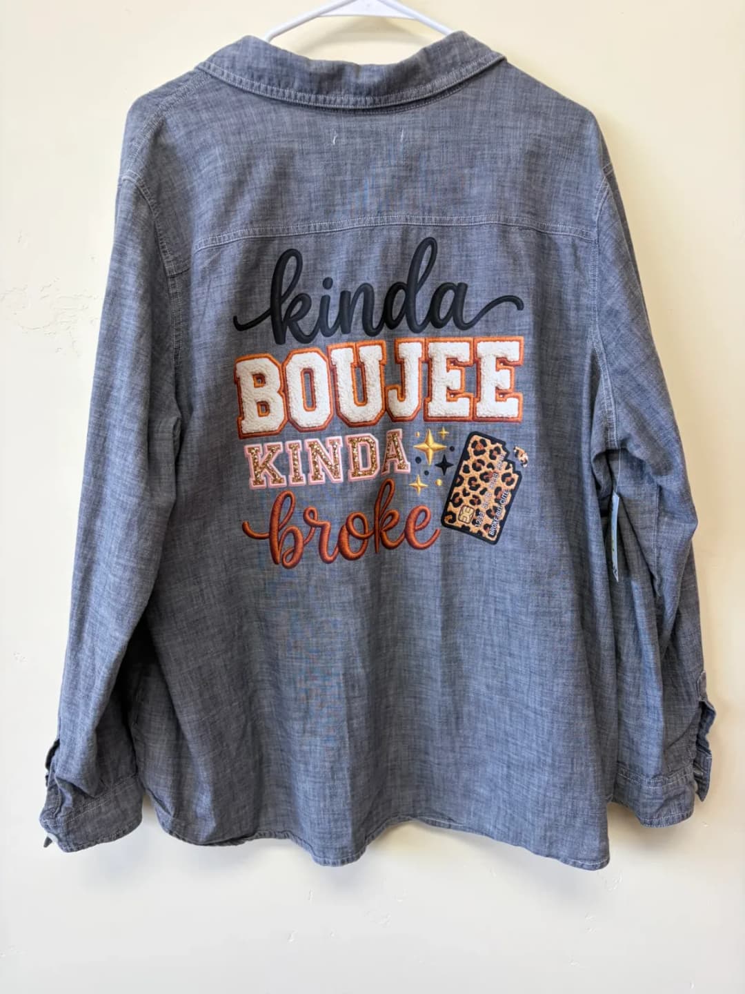Upcycled Old Navy "Kinda Boujee Kinda Broke" Chambray Shirt – Women's Size XXL