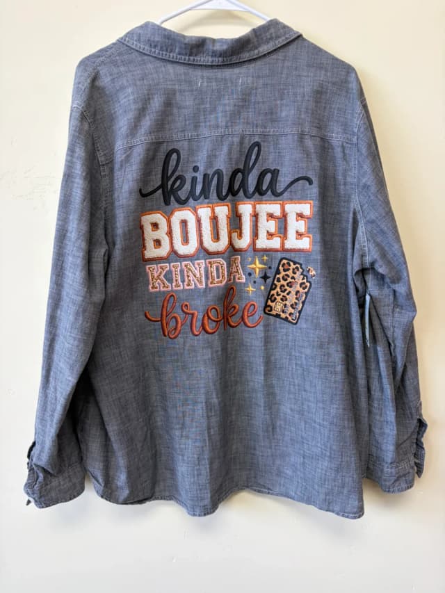 Upcycled Old Navy "Kinda Boujee Kinda Broke" Chambray Shirt – Women's Size XXL