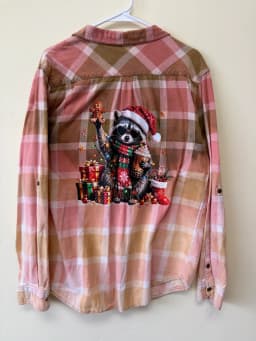 Upcycled Bleach Dipped Plaid Flannel Shirt Christmas Raccoon Graphic Size Large photo 1