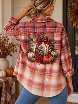 Upcycled Bleach Dipped Plaid Flannel Shirt Fall Leopard Pumpkin Graphic Women's XL photo 1