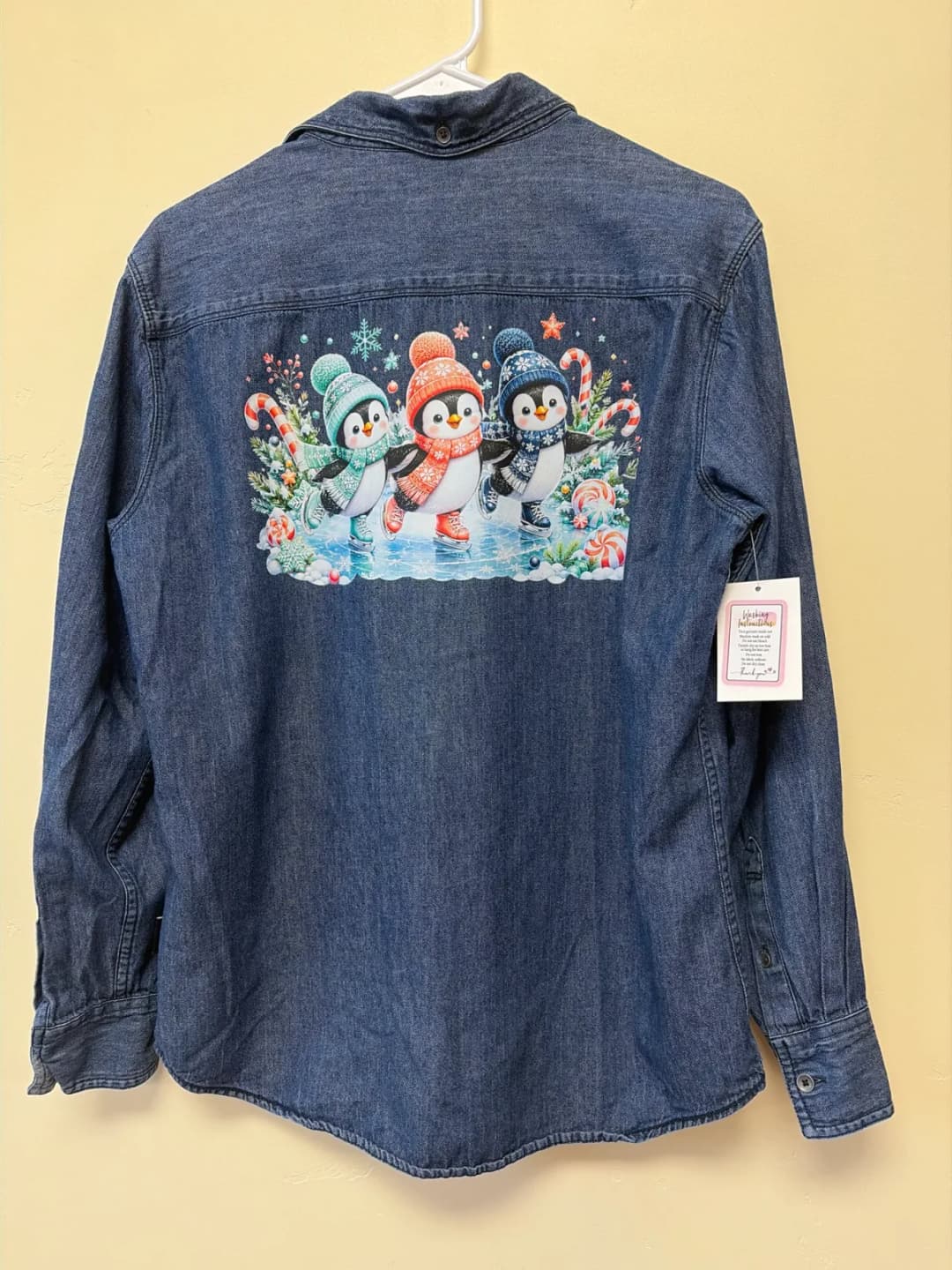 Upcycled Christmas Denim Shirt - Cute Ice Skating Penguins Graphic Size M